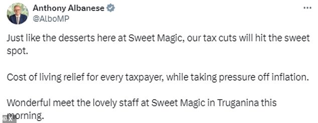 The Prime Minister said the tax cuts will 'hit the sweet spot' in a social media post (pictured) uploaded to X on Sunday