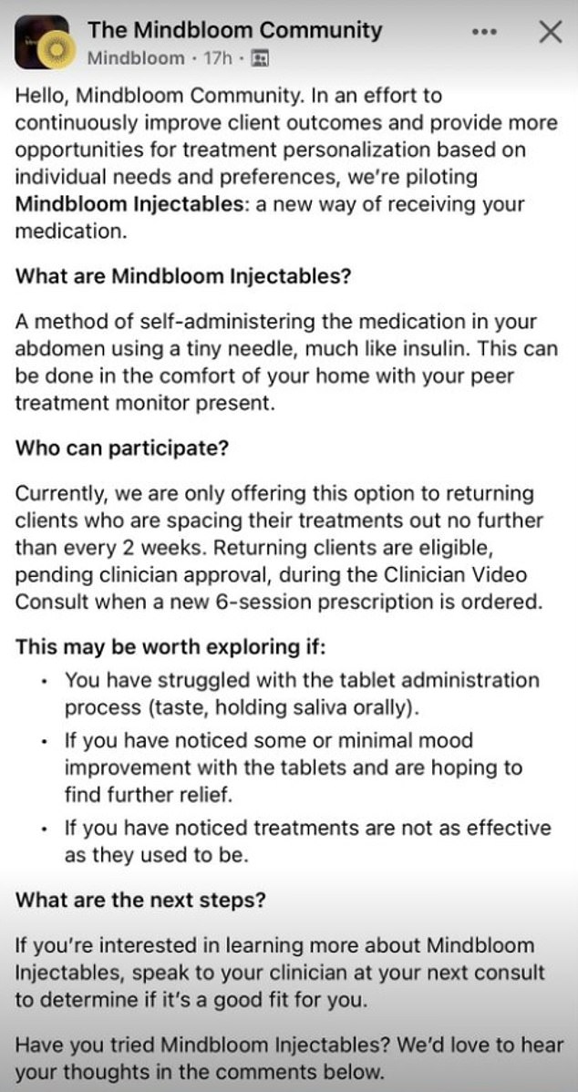 The Mindbloom Community, a private Facebook group, says the company is testing 'Mindboom Injectables' for its customers