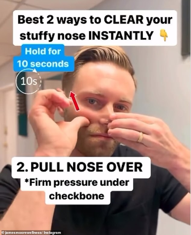 Another method he suggests is to pull your nose to one side and then apply pressure under the cheekbone. He says again to do this for 10 seconds