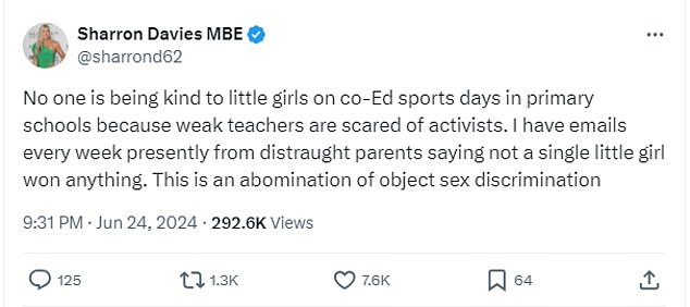 In the tweet she wrote: 'No one is kind to little girls on mixed sports days in primary schools because weak teachers are afraid of activists'