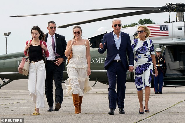President Joe Biden and First Lady Jill Biden are back at the Camp David presidential retreat in Maryland to discuss the future after his debate.  Pictured here is the first couple with granddaughters Finnegan and Natalie Biden after landing in Westhampton Beach, New York Saturday for a fundraiser
