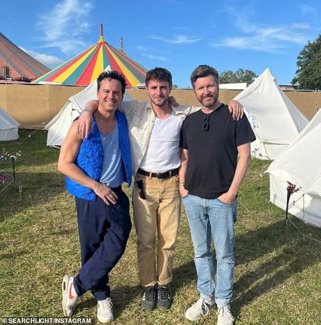 On Saturday, Paul Mescal (centre) cut a casual figure as he reunited with his All Of Us Strangers co-star Andrew Scott (left) at Glastonbury festival at Worthy Farm
