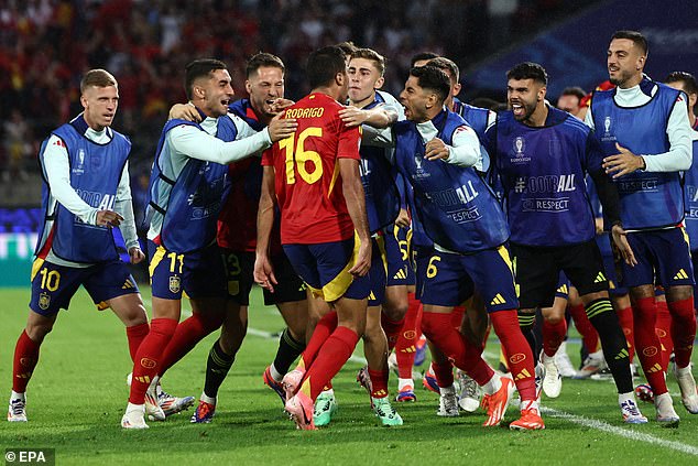 Rodri's goal prompted cheers from the Spanish players, including the bench