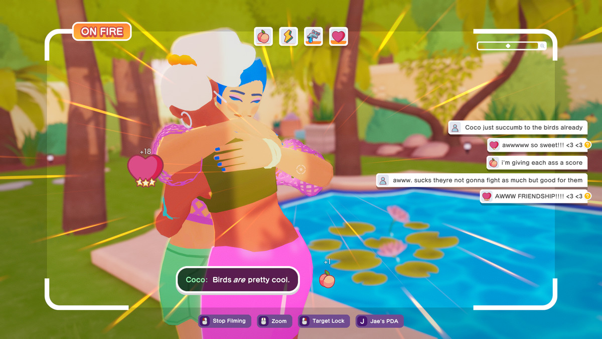 Two people hugging.  There is a camera overlay from the game The Crush House