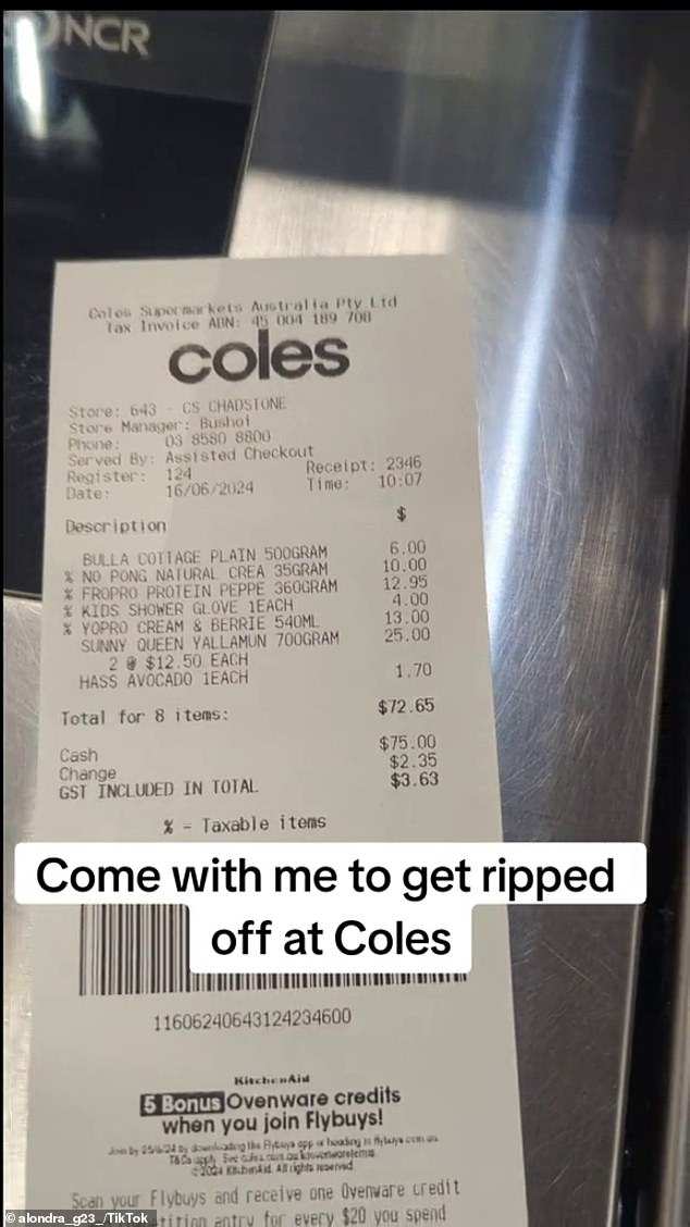 In her video, Ms Gataé complained that just eight items at Coles cost her $72, while she bought a full shopping cart full of groceries at the German competitor for $100 more