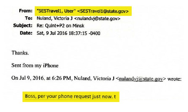 This image, provided by Sens.  Grassley and Johnson, shows Kerry's secret email 'SESTravel1' in response to an email to State Department official Victoria Nuland.  Nuland refers to her 