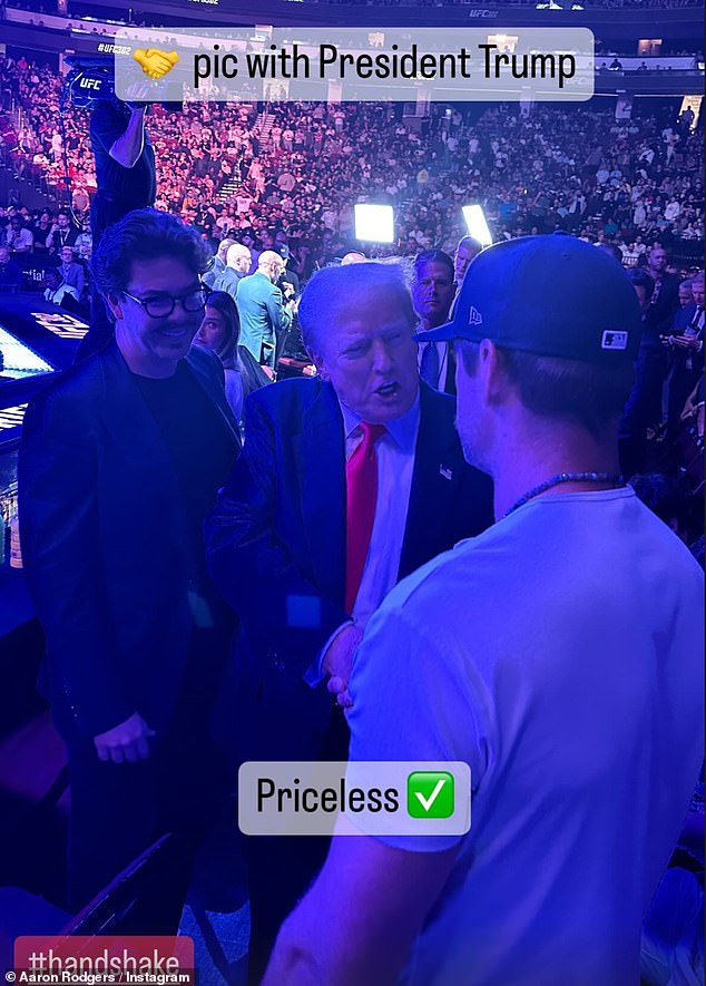 Aaron Rodgers posted a photo of himself shaking hands with Donald Trump during UFC 302