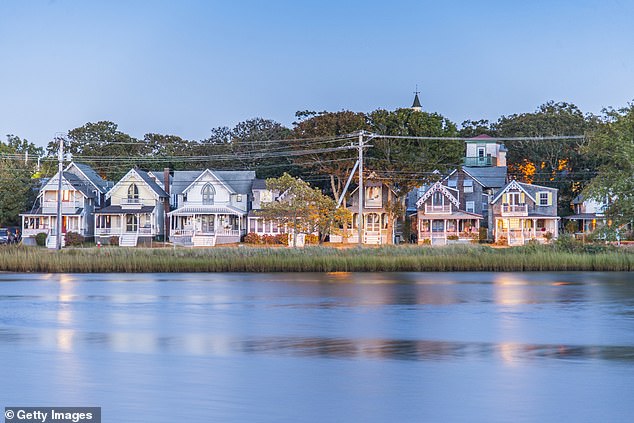 Beautiful homes line Oak Bluffs Harbor in Martha's Vineyard, located in Massachusetts in the Atlantic Ocean, just south of Cape Cod