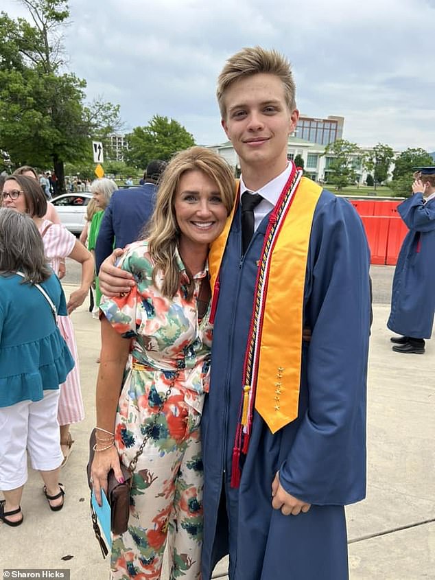 Hayden Hill, 18, (pictured with his mother Sharon Hicks at his graduation) is stranded in an Italian hospital after falling from a 60-foot cliff and breaking his leg during a school trip to Europe