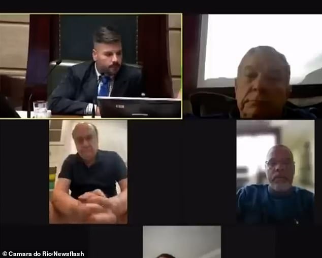 This is the hilarious moment a former mayor of Rio de Janeiro (below left) was caught with his pants down while squatting on the toilet during an online town hall meeting