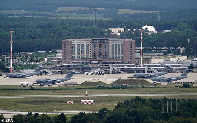 The alert status of Ramstein Air Force Base (pictured) has been raised to 'Charlie', the second highest level