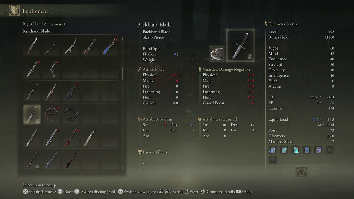An image showing the stats for the Backhand Blade weapon in Elden Ring: Shadow of the Erdtree