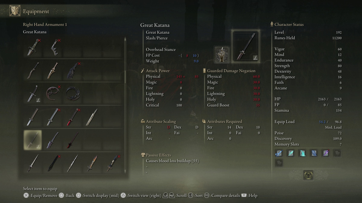 An image showing the stats for the Great Katana weapon in Elden Ring: Shadow of the Erdtree