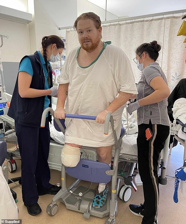 Andrew Trigg, 40, (pictured) stepped on a gumnut in May, causing a seed to become lodged under the skin of his right foot. It became infected, leading to a lower leg amputation