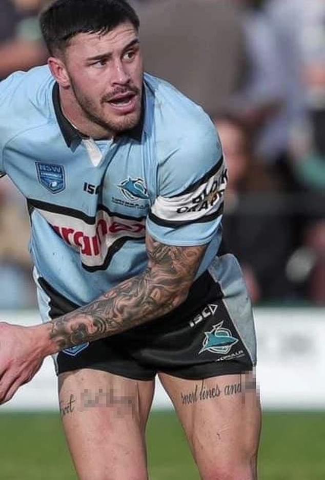 One of Joshua Taylor-Myles' tattoos reads 'eat s**tf****t', while the second tattoo reads 'snort lines and f***' (pictured above, on his thighs)
