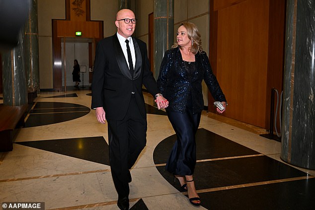 It is the first time that Mr Dutton (pictured with his wife Kirrily) has overshadowed Mr Albanese as the prime minister of choice
