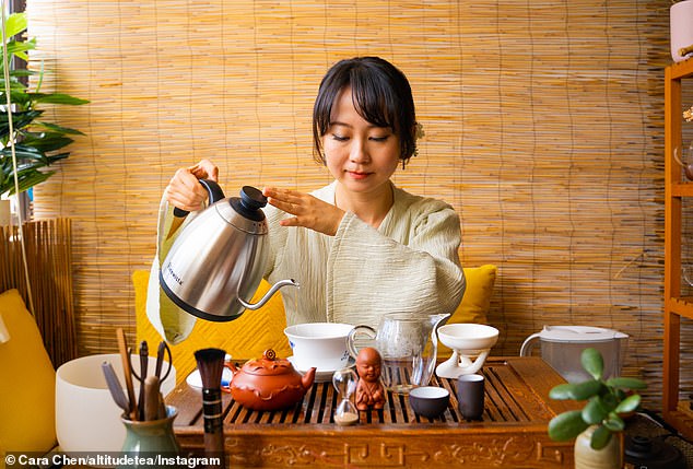 Tea expert Cara Chen told FEMAIL at a Gongfu tea ceremony that pouring the kettle counterclockwise instead of clockwise is rooted in traditional Chinese philosophy