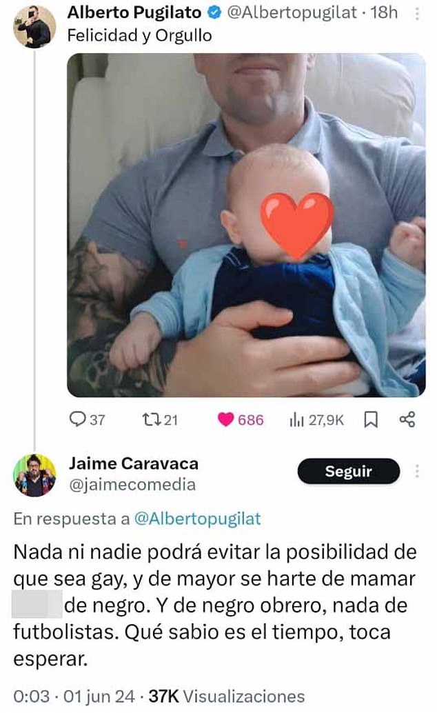 Pugilato's motivation for hitting the comedian was related to a comment made by Caravaca the day before on X, after the father posted a photo with his son.  In the comments, Caravaca said the baby was gay and that he would get sick from 'sucking black c***'