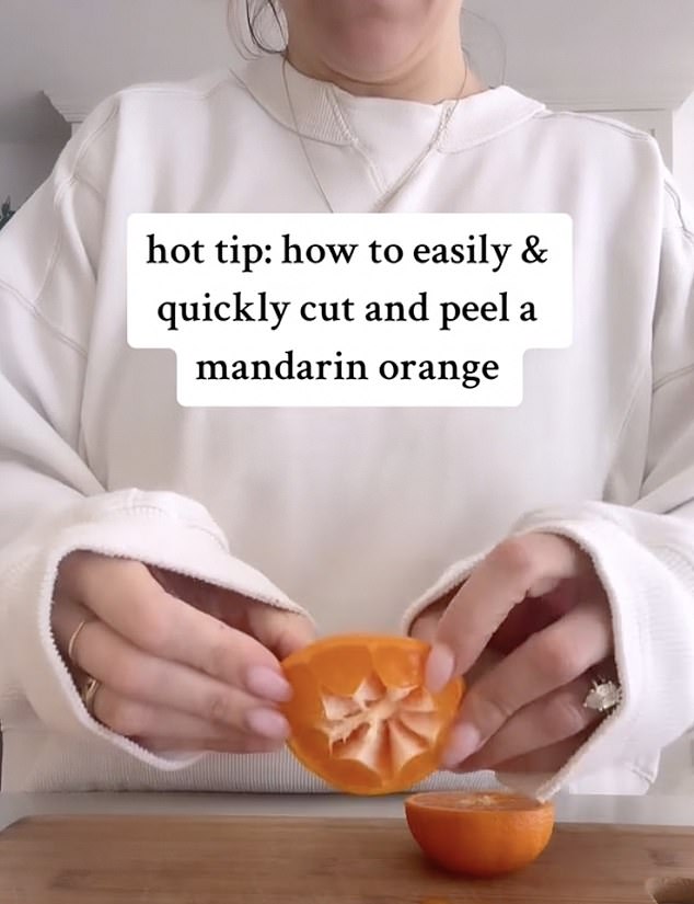 Erin, from the US, was stunned when she saw the 'genius' method online.  Instead of peeling the citrus fruit, it is cut in half in a straight line and then the tasty inner pieces are picked out.