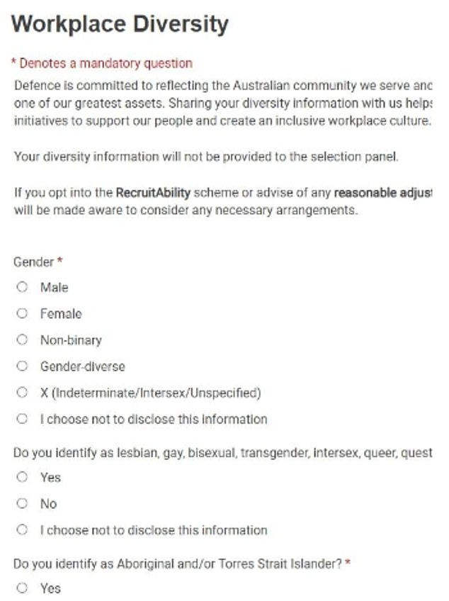 The Department of Defense's APS career website asks prospective soldiers, sailors and airmen if they use a different gender or are part of the LGBTQIA+ community