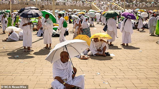 Muslim pilgrims use parasols to protect themselves from the sun.  Photo: Fadel Senna/AFP