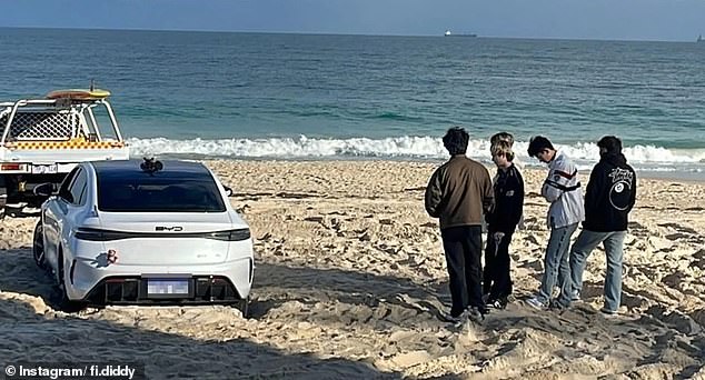 A BYD Seal EV was stuck at City Beach in Perth overnight on Saturday after driving onto the sand for a beautiful sunset photo