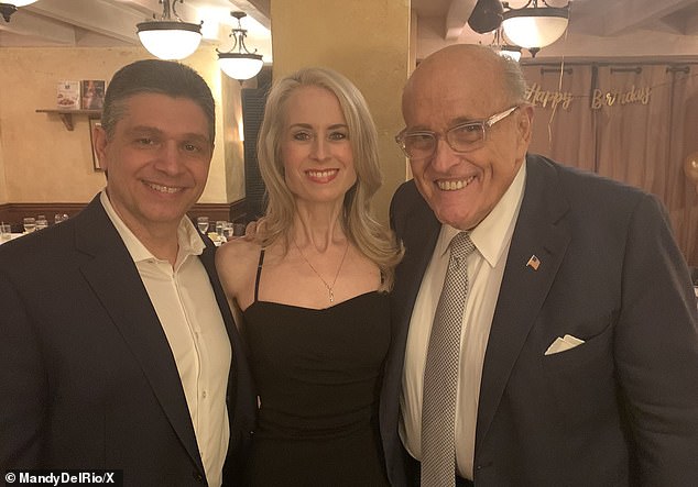 Rudy Giuliani (right) pictured with Newsmax's Mandy Del Rio (center) and Jack Thomas Smith (left) at his 80th birthday celebration at Amata restaurant in New York