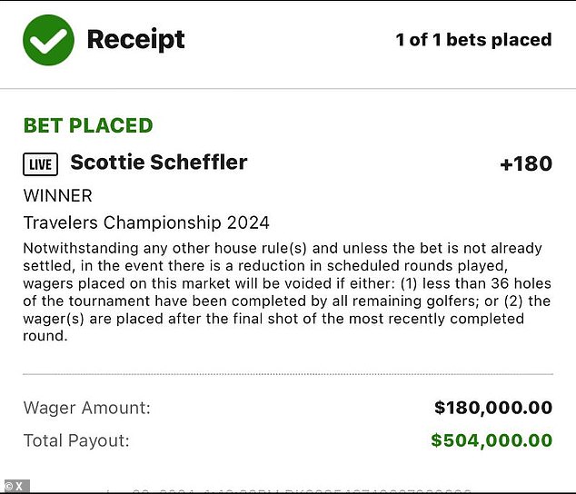 Portnoy receives a total payout of $504,000 after betting $180,000 on the world number 1