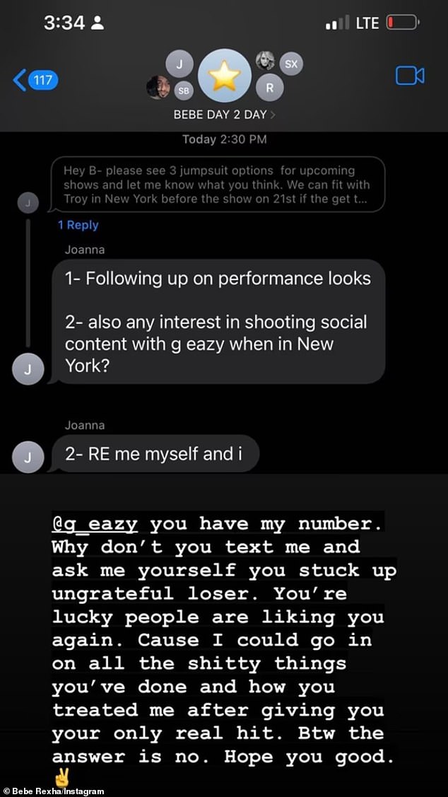 The Grammy-nominated artist posted an image of the text message communication with a caption that made clear her bad blood when G-Eazy tagged the singer in the post.