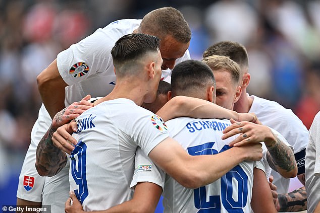 Slovakia's players celebrate after Ivan Schanz opened the scoring after just seven minutes