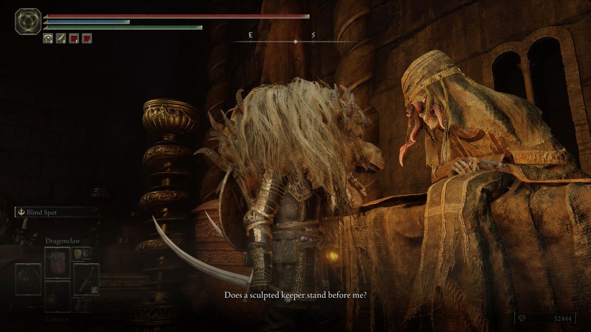 Elden Ring Shadow of the Erdtree player wears the Divine Beast Head helmet and speaks with Hornsent Grandam