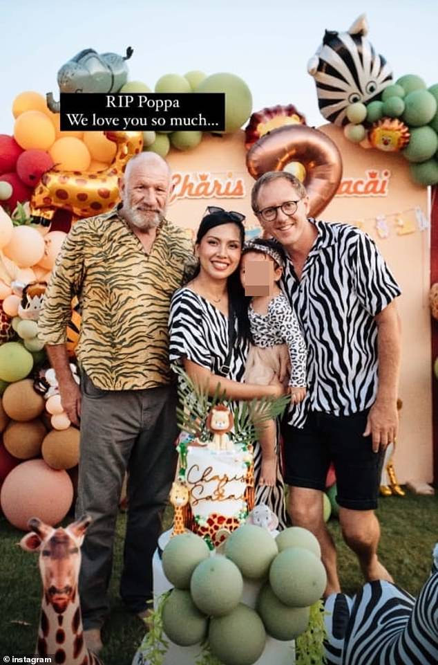 Pictured L-R: Bernard Fritz, his daughter-in-law Catherine, granddaughter Charis and son Aaron.  The 73-year-old died on Thursday in a tragic bicycle accident in Bali