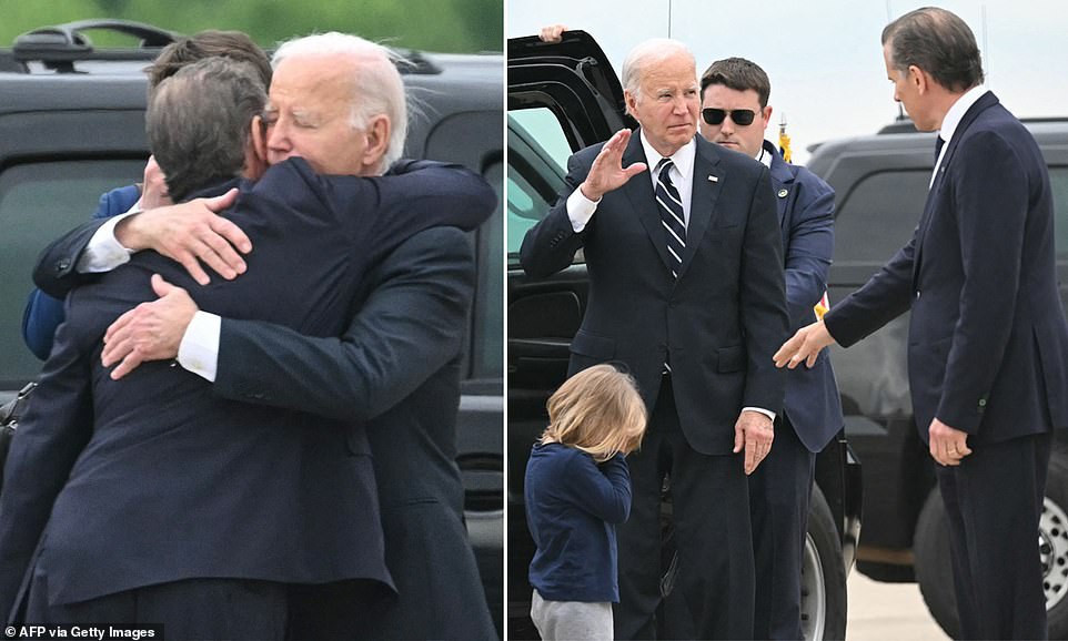 President Joe Biden immediately hugged his son Hunter as he stepped off Marine One late Tuesday afternoon in the hours after his son's federal gun conviction.  After Hunter was found guilty on all three counts by a Delaware jury, the White House announced that the president's schedule had been changed: he would travel to Wilmington.