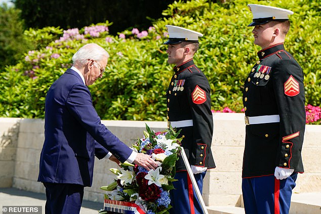 President Joe Biden attends a wreath-laying ceremony at the Aisne-Marne American Cemetery