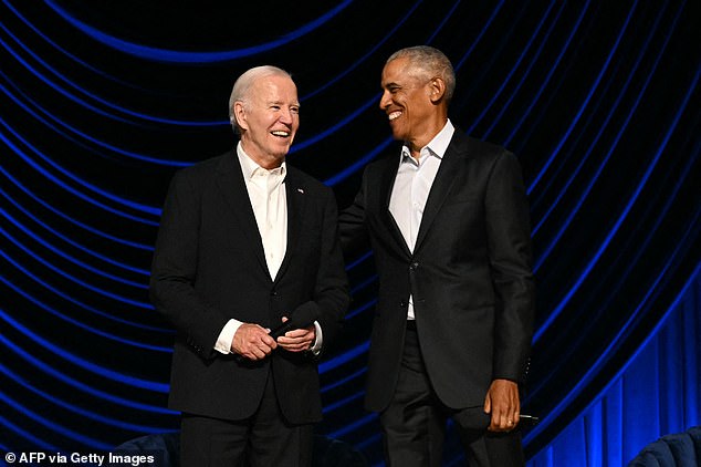 President Biden and former President Obama appear at a fundraiser for Biden's re-election campaign in downtown Los Angeles on Saturday evening