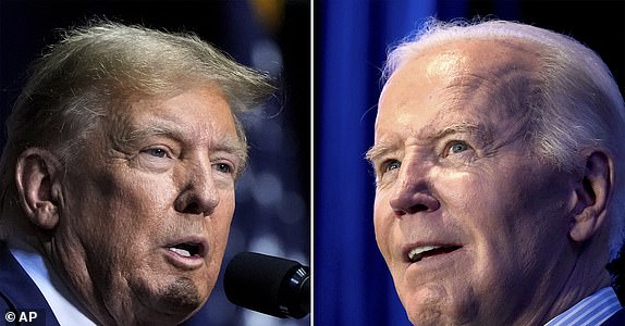 FILE - This combination image shows Republican presidential candidate, former President Donald Trump, left, March 9, 2024, and President Joe Biden, right, January 27, 2024. (AP Photo, File)