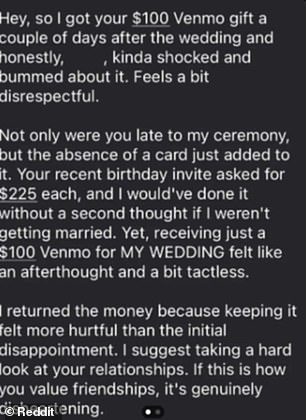 The bride texted the guest saying she was returning the 