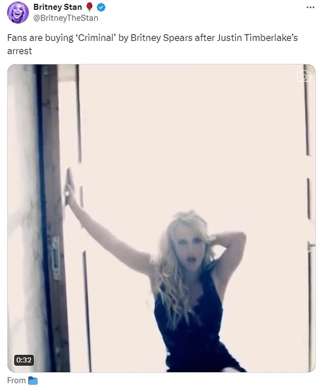 Britney Spears fans appear to be trying to get her 2011 song Criminal back up the charts in light of Justin Timberlake's arrest for DWI