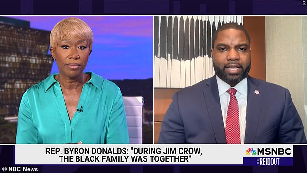 Republican Rep. Byron Donalds (right) got into a heated exchange with MSNBC's Joy Reid (left) on Thursday evening over comments seemingly suggesting Black families were better off during the Jim Crow era than they were under President Joe Biden