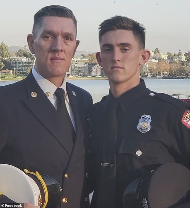 Caedan (right) joined the Oakland Fire Department in 2019 and worked alongside his father Sean Laffan (left) for a year before dying of a heart attack on the job