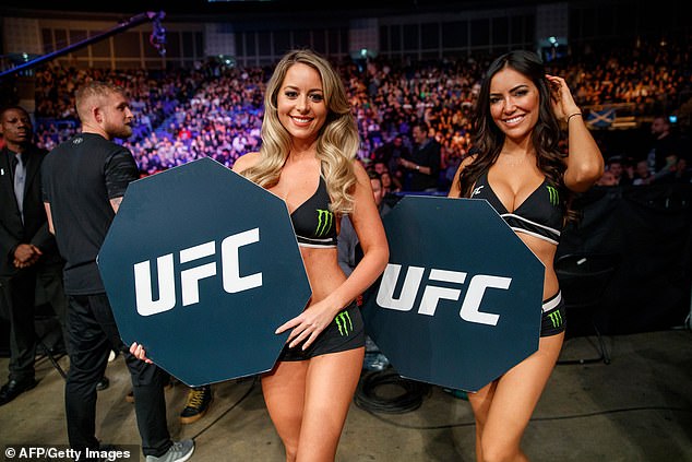 In mixed martial arts, such as boxing, bikini-clad women often walk around the cage holding up signs indicating which round is on (photo, UFC Octagon Girls)