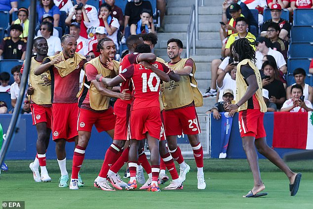 Canadian forward Jonathan David is mobbed by his teammates after scoring in the second half