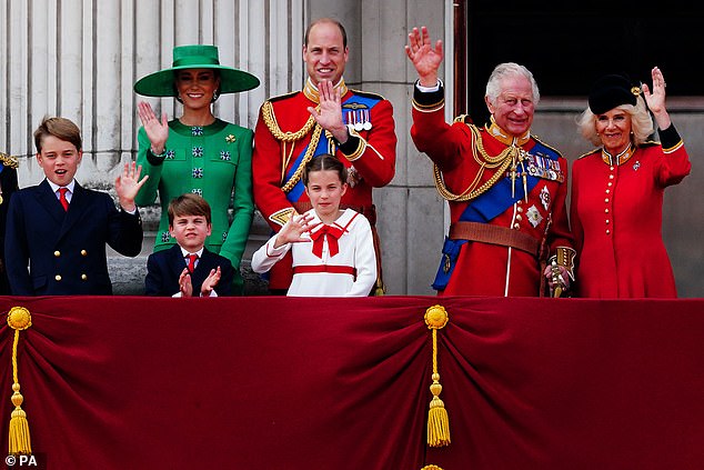 2023 -- (From left) Prince George, Kate, Prince Louis, Prince William, Princess Charlotte, King Charles and Queen Camilla at Buckingham Palace for Trooping the Color on June 17 last year