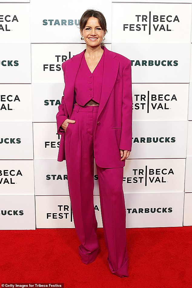 Carla Gugino, 52, was pictured on the red carpet of the 2024 Tribeca Festival at Spring Studios in New York City on Sunday in support of her short film Veo Veo A Family