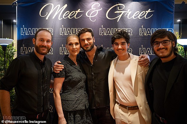 Celine Dion's sons - RC, 23, and twins Nelson and Eddy, 13 - supported their mother as she made a rare public appearance at the HAUSER (center) concert in Las Vegas on Saturday.