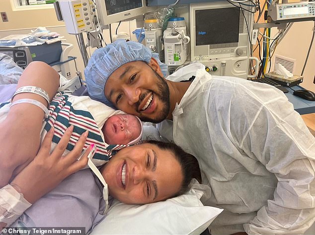 Sunday was Father's Day for everyone, including celebrities like Chrissy Teigen (M, photo in 2023), who honored her husband John Legend (R) with an Instagram slideshow full of throwback snaps from the hospital delivery room