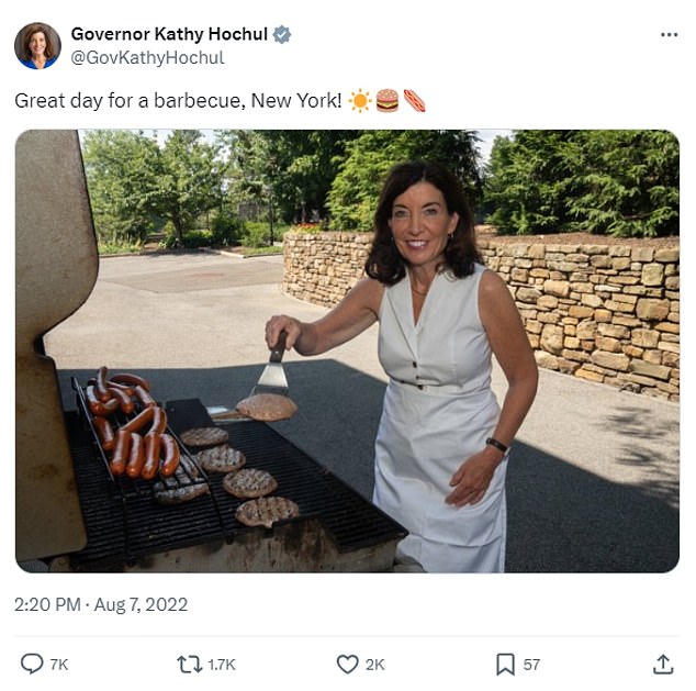 New York Governor Kathy Hochul was also mocked by die-hard grilling fans for her awkward performance at a 2022 barbecue