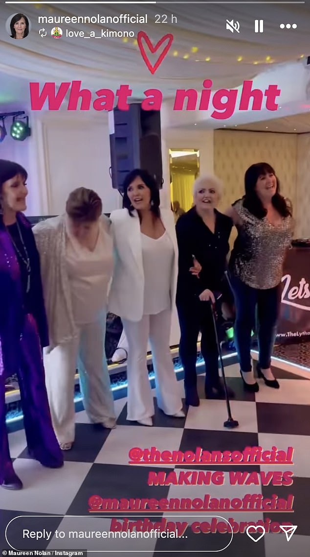Coleen, (far right) and Linda Nolan, (second from right), reunited with their other sisters, (L-R) Anne, Denise and Maureen, during a performance for Maureen's 70th birthday party on Instagram this weekend