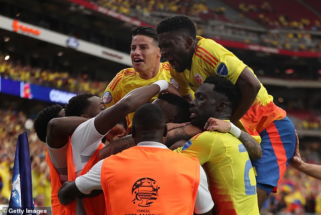 Colombian players cheered after extending their team's lead against Costa Rica to 3-0 on Friday