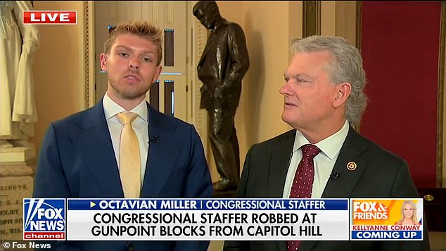 Hill staffer Octavian Miller (left) was joined by boss Rep.  Mike Collins (R-Ga.) to talk about being robbed at gunpoint this weekend in a neighborhood just a few blocks from the Capitol